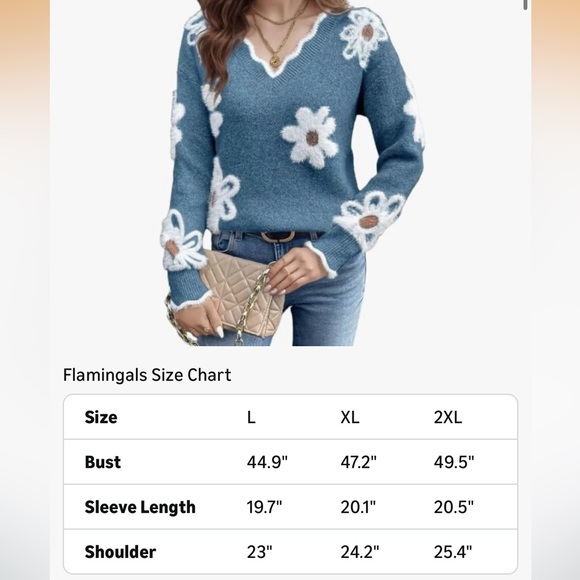 Blue Floral Fuzzy V-Neck Sweater - Picture 5 of 6